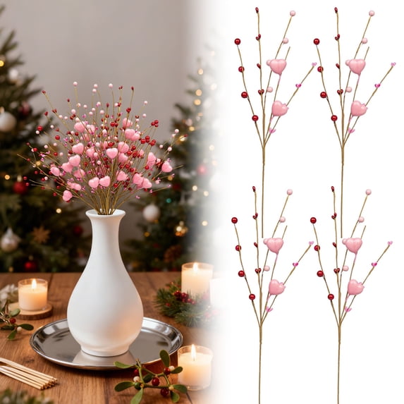 Valentines Day Decorations, Artificial Flowers Berry Twig Stem, Pink Heart Shaped Berry Picks, Fake Flowers Bulk Branches for Valentines Day, Wedding, Candlelight Dinner Anniversary 4 Pcs