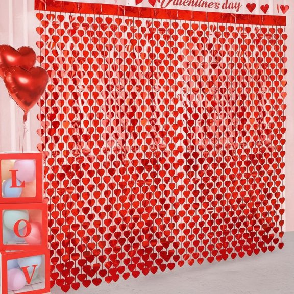 Valentines Day Decorations, Backdrop Garland, Red Heart Foil Fringe Tinsel Backdrop Streamer for Party Decor