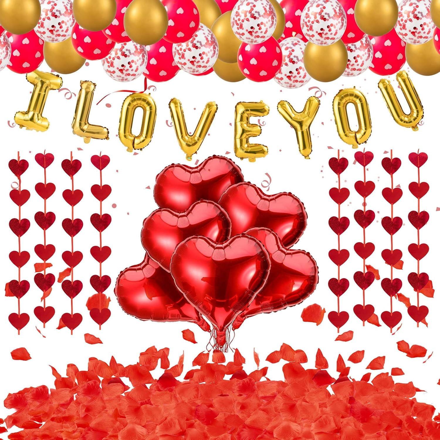 "I Love You" Balloon Set - 3 Giant Red Heart & Gold Letter Foil Balloons For Valentine's Day