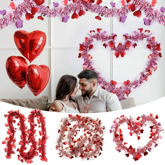 Valentines Day Decorations Flower Wreath Pink for Front Door - Colorful Striped Heart Garland Hanging Streamers Red Fuzzy Garland for Indoor Outdoor Party Door Window Garden Decor A, 78.7"