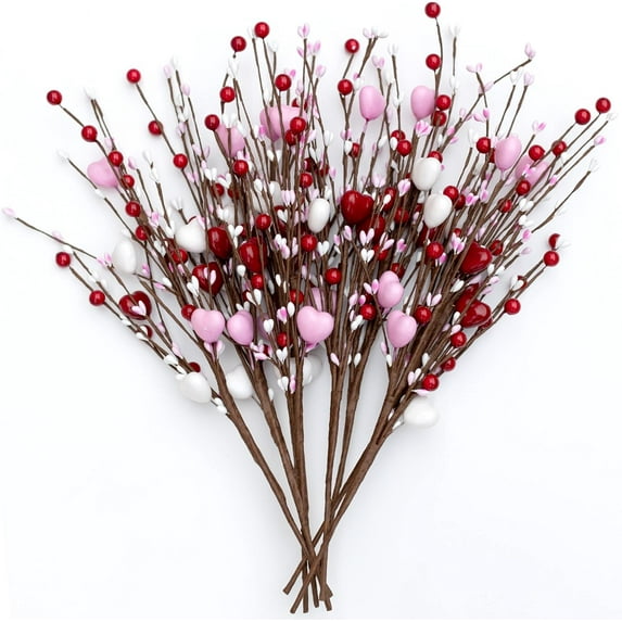 Valentines Day Decorations Gifts Heart Picks - 8 Pcs Artificial Red Berry Flower Stems Heart Shaped Picks for Home, Restaurant Decor, Wedding (Red White Pink)