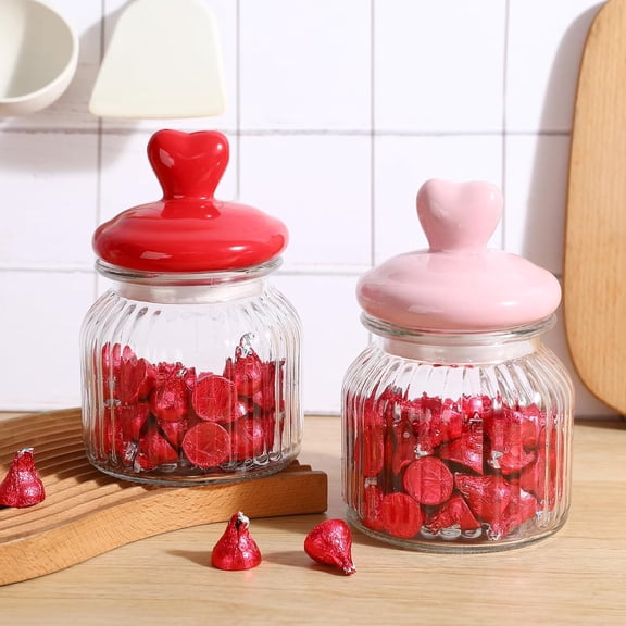 Valentines Day Decorations - Glass Jars with Ceramic Heart Lid for Chocolate Candy Sweets Gift Table Party Centerpieces Decor