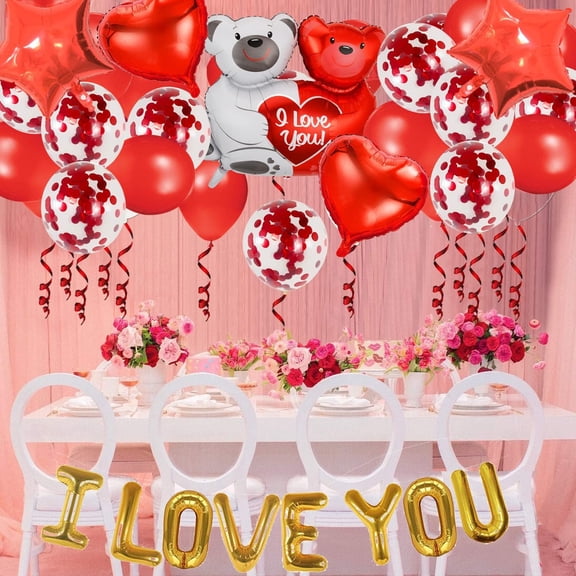 Valentines Day Decorations Heart Shaped Balloons I LOVE YOU Balloons Teddy Bear Balloons with Rose Petals for Valentines Mothers Day Bridal Shower Anniversary Party Supplies