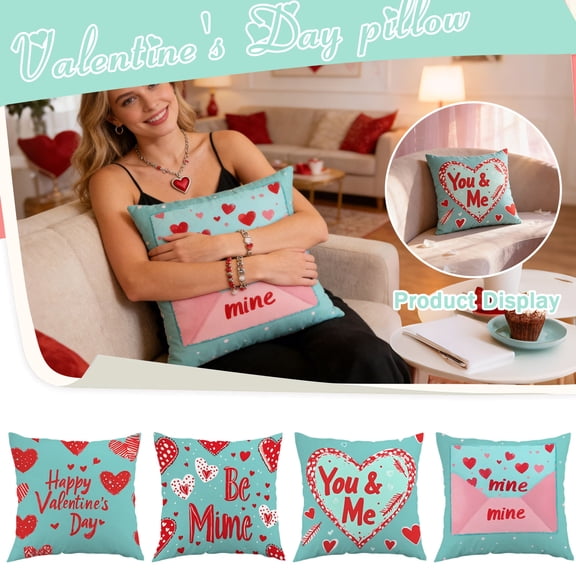 Valentines Day Decorations Pillow Covers 18x18 Inch Throw Pillowcase Winter Holiday Decorative Cushion Covers for Sofa Couch Bedroom Home Decor Love Theme Red-Pink A