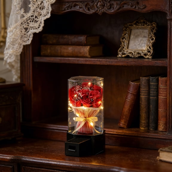 Valentines Day Decorations, Preserved Flower Bouquet Gift for Her, Forever Fresh Flowers for Delivery Prime Preserved Roses in Glass with LED Music Light for Valentines Day