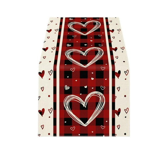 Valentines Day Decorations Red Black Plaid Love Hearts Valentines Table Runner Wedding Seasonal Holiday Table Cover Festival Anniversary Kitchen Dining Table Decoration for Home Party Decor