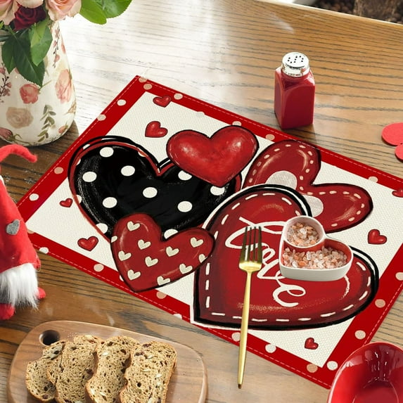 Valentines Day Decorations Red Love Valentine's Day Placemats 14x18 Inch Red Hearts Placemats Heat Resistant Non-Slip Place mats for Dining Table Wedding Holiday Table Mats for Party Kitchen Dining