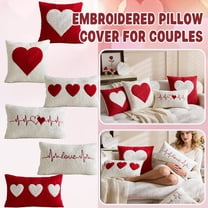 Valentines Day Decorations Red Pillow Covers 12x20 Inches Heart Embroidered Throw Pillow Cases Plush Fleece Couple Pillowcase for Couch Sofa Bedroom Living Room Decor A