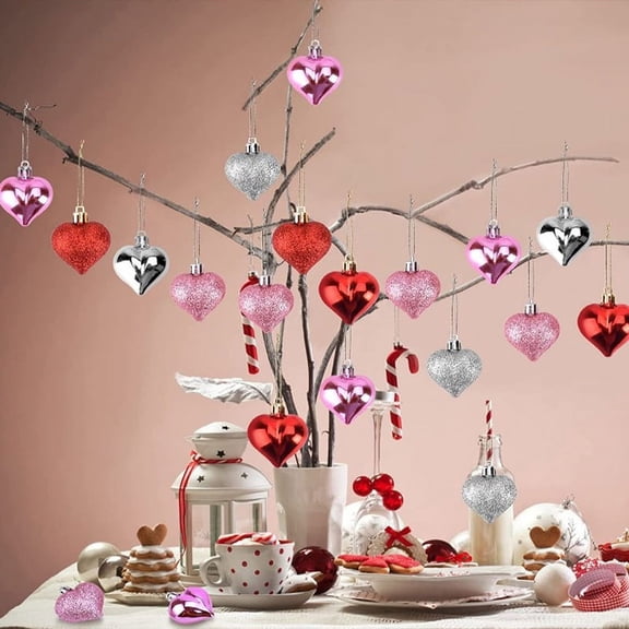 Valentines Day Decorations,Red & Pink Glitter Hanging Heart Shaped Baubles Ornaments for Valentine's Day Hanging Decorations or Wedding Anniversary Party Supplies Home Tree Decorations
