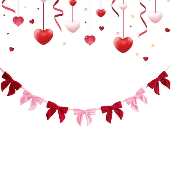 Valentines Day Decorations, Red Pink Velvet Bow Garland, Bow Hanging String Garlands Lovers Day Decor, Coquette Room Decor for Tree Door Table Wall Window Mantel, Wedding Anniversary Party Supplies