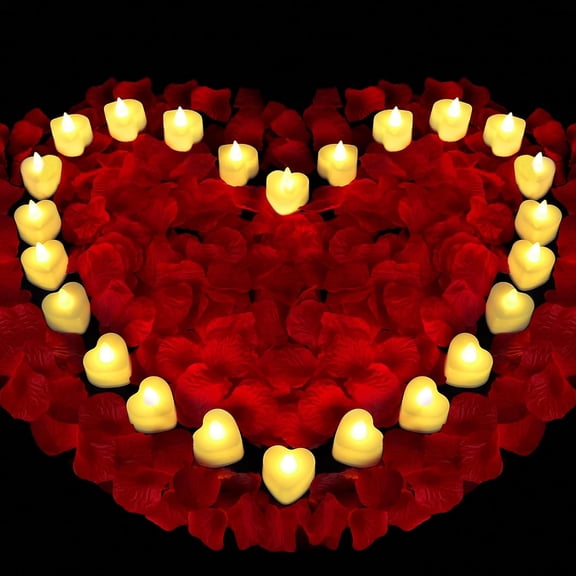 Valentines Day Decorations,Red Rose Petals and Candles Set,1000 Pcs Fake Rose Petals with 24 Pcs LED Heart Candles,Silk Roses Petals for Romantic Night Decorations for Bedroom,Welcome Home