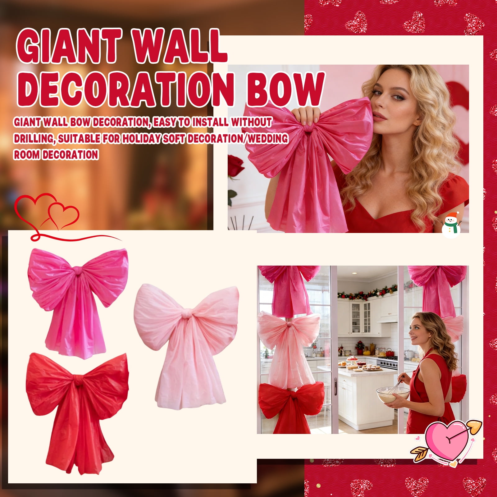 Valentines Day Decorations - Set of 6 DIY Giant Wall Bows, Hanging Valentine Bows Decor for Door Window Room, 23.6" Romantic Red Bows Valentine's Day Gifts