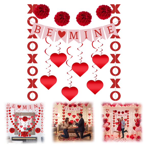 Valentines Day Decorations Set, Happy Valentines BE MINE Banner, Heart Felt Garland Paper Fans Flowers, Red Pink Hanging Swirls for Heart Love Party Decorations Decor Wedding Supplies, B