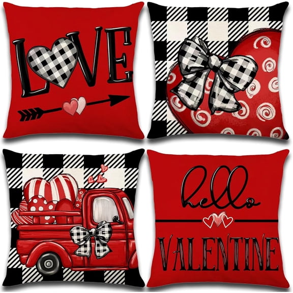 Valentines Day Decorations-Throw Pillow Covers 18x18 in set of 4,Valentine Linen Pillow Case with Red Buffalo Plaid Heart Love Truck for Large Couch Sofa Home Inside Outside Holiday Party Decor