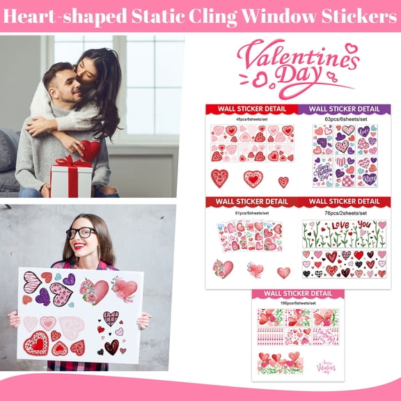 Valentines Day Decorations Window Clings Heart Shaped Static Stickers for Glass Door Home Decor Reusable Holiday Decorations Love Theme Party Supplies A, 6pcs