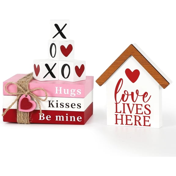 Valentines Day Decorations, Wood Book Stack with XOXO Blocks for Table Shelf Tiered Tray Decor, Freestanding Valentines Day Decor