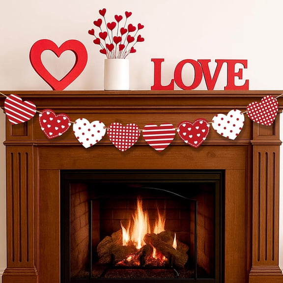 Valentines Day Decorations Wooden Red White Love Hearts Garland Romantic Farmhouse Rustic Banner for Mantle, Fireplace, Wall, Party Supplies Wedding