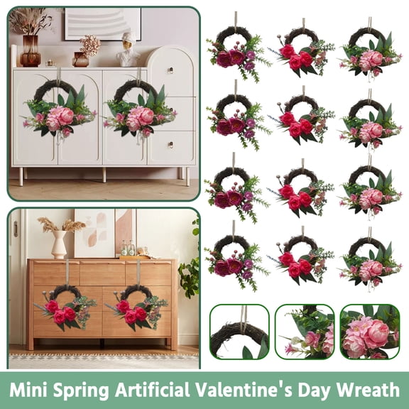 Valentines Day Decorations Wreath Set for Front Door , 4pcs 10in Heart Garland for Front Door, Spring Artificial Flower Wreath, Kitchen Cabinet Valentine Decorations for Home Indoor Easter Decor A