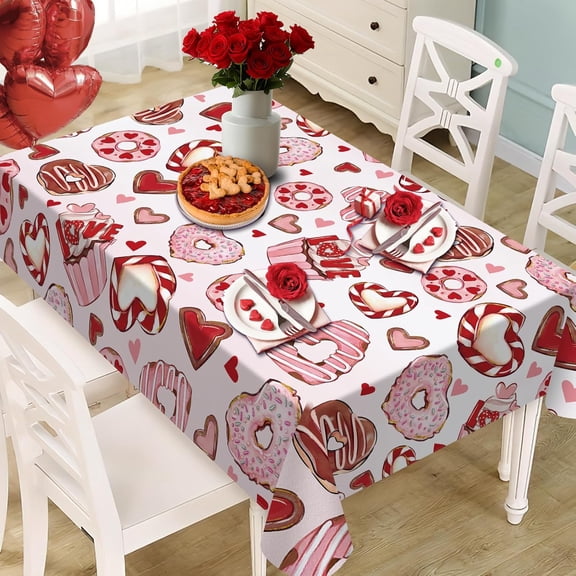 Valentines Day Dessert Rectangle Tablecloth 60 x 84 Inches, Red Pink Love Heart Candy Cupcake Donut Decorative Dining Table Cloth, Anniversary Wedding Dinner Tablecover Picnic Party Decoration