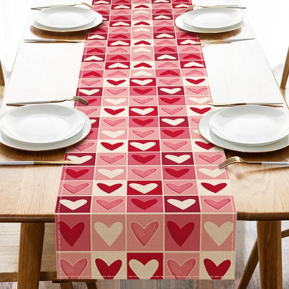 Valentines Day Dining Table Runner, Red Pink White Love Heart Buffalo Plaid Burlap Kitchen Decoration, Anniversary Wedding Indoor Outdoor Home Decor Party Supply 13 x 72 Inches