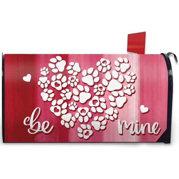 Valentines Day Dog Cat Paw Prints Mailbox Cover Magnetic Standard Size 21" x 19", Pink Love Heart Decorative Post Letter Box Wrap Decor, Anniversary Wedding Garden Yard Outdoor Decoration