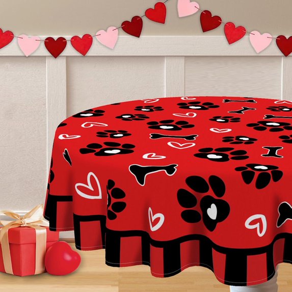 Valentines Day Dog Paw Prints Round Tablecloth 60 x 60 Inch, Red Love Hearts Bone Decorative Table Cloth Dining Table Cover, Anniversary Wedding Dinner Party Picnic Decoration