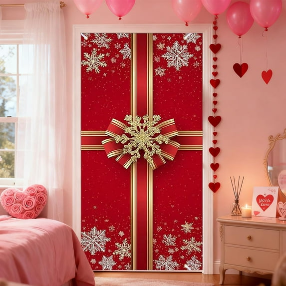 Valentines Day Door Cover Decorations,Elastic Stretchable Fabric Romantic Decor for Front Door,Valentine's Anniversary Door Cover,Bow Gift Door Cover Door Banners Courtyard Decoration