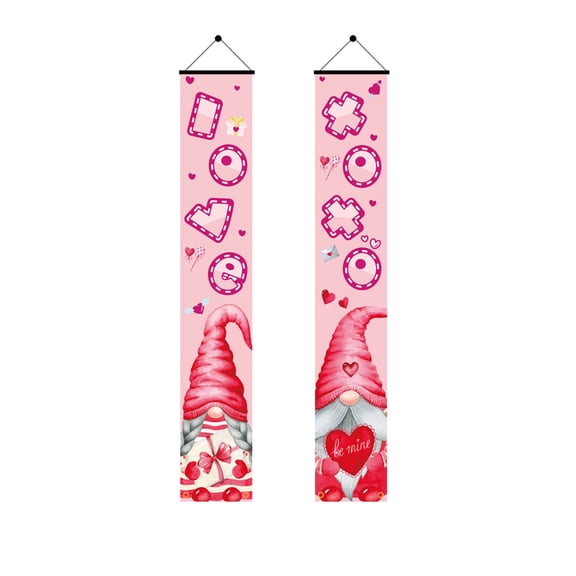 Valentines Day Door Hanging Curtain Decoration Hanging Flag Painting Featuring Pink Gnome Heart Flower And Dot Patterns For Happy Valentines Day Home Entryway Party Decor