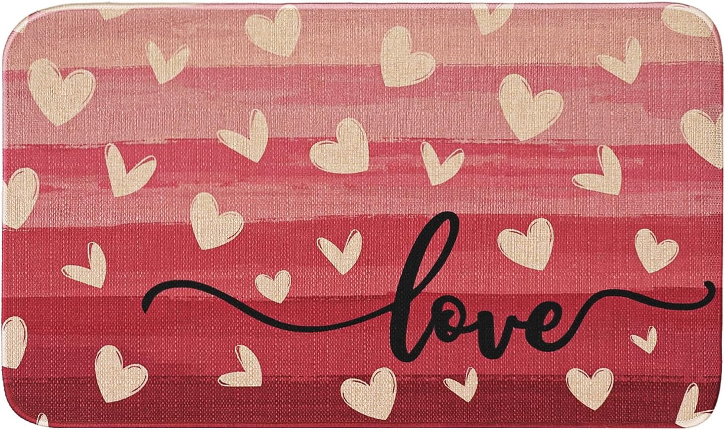 Valentines Day Door Mat Love Heart Doormat Valentines Decor Kitchen Mats Home Party Wedding Outdoor Entrance Non-Slip Rubber Door Mats 30" X 17"