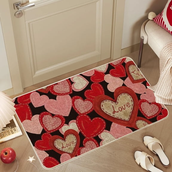 Valentines Day Door Mat, Red Beige Stripe Love 15.75×23.62in Decorative Front Doormat Indoor Outdoor Non Slip Rubber Backing Seasonal Anniversary Wedding Entryway Kitchen Floor Decoration