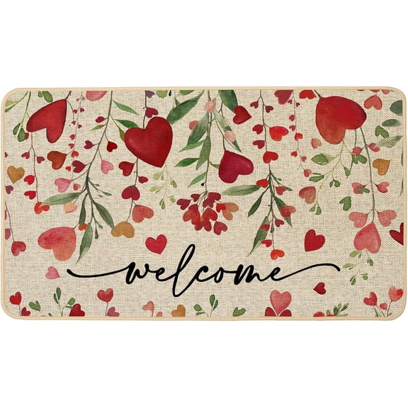Valentines Day Door Mat Rug, Welcome Love 17x29 inch Decorative Front Doormat Indoor Outdoor Non Slip Rubber Backing Seasonal Anniversary Wedding Entryway Kitchen Floor Decoration