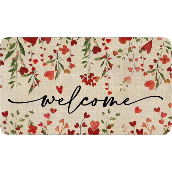 Valentines Day Door Mat,Valentines Red Love Heart Floral Indoor Outdoor Non-Slip Doormat,Entryway Front Porch Valentine''s Day Welcome Mat for Entrance Decor 30" x 17"