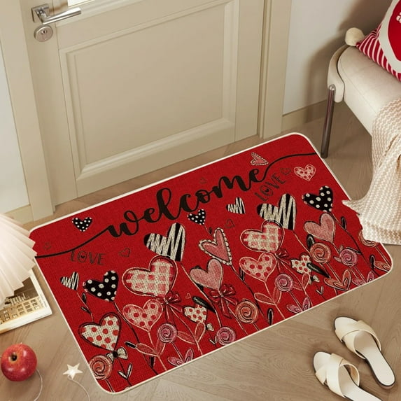 Valentines Day Doormat, Entryway Floor Mat, Heart Shape Absorbent Non Slip Rug for Indoor Outdoor Use, Polyester Material Durable Low Profile Design for Bathroom Living Room Porch Decor