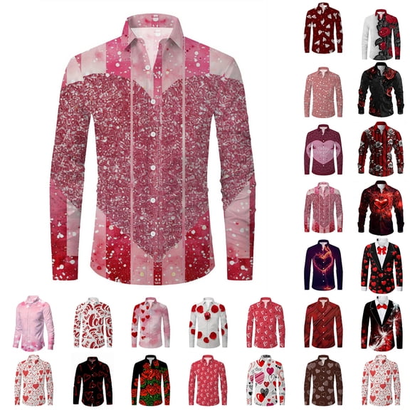 Valentines Day Dress Shirt Men Stylish Casual Lapel Long Sleeve Heart Print Button Down Shirts Festive Party Dress Shirt for Men's Dating Clothes ( Red Size: XXL )