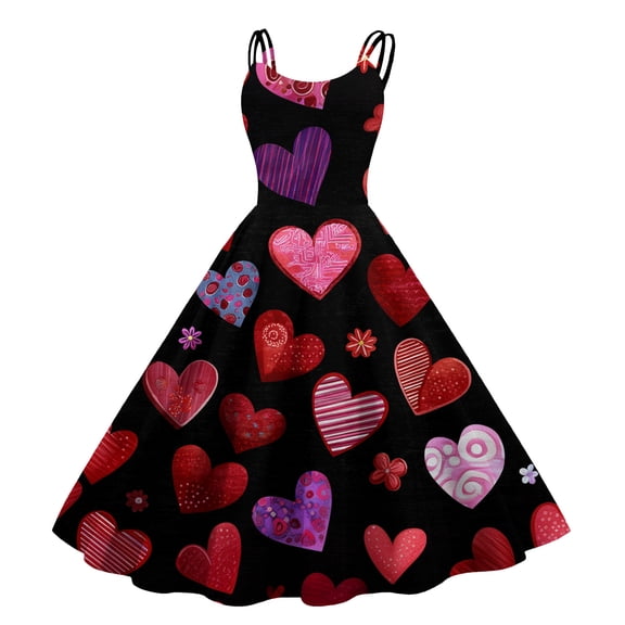 Valentines Day Dress for Her Sleeveless Letter Printed Cocktail Swing Dresses Lovely Heart Crew Neck 1950s Cure Clothes Hepburn Graphtic Pink Red Trendy Love You Patterned Sundress Red S