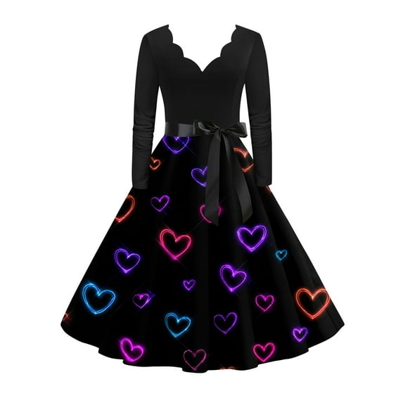 Valentines Day Dress Women V-Neck Long Sleeve A-Line Tie Bow Love Heart Printed Dresses Vintage Cosplay Party Dress Black XL