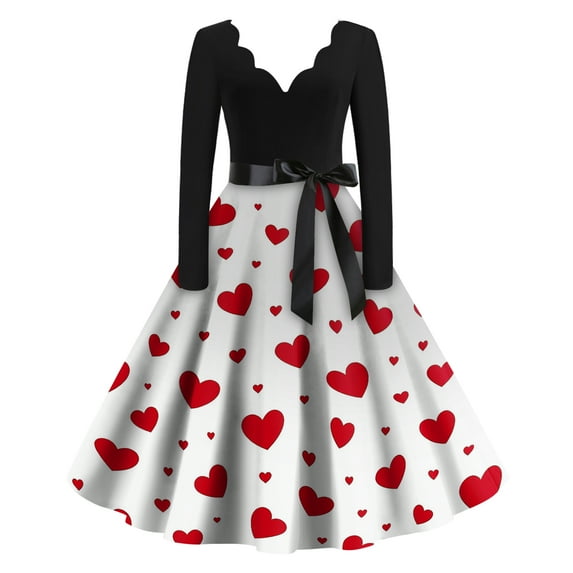 Valentines Day Dress Women V-Neck Long Sleeve A-Line Tie Bow Love Heart Printed Dresses Vintage Cosplay Party Dress Red XL
