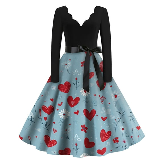 Valentines Day Dress Women V-Neck Long Sleeve A-Line Tie Bow Love Heart Printed Dresses Vintage Cosplay Party Dress Sky Blue 2XL