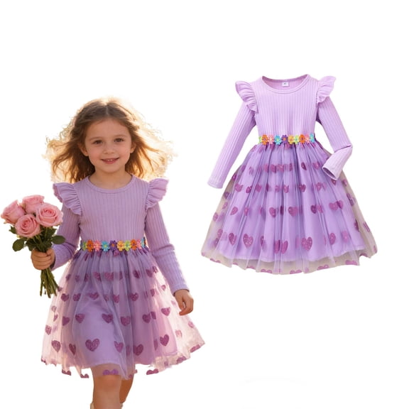 Valentines Day Dress for Girls Long Sleeve Tutu Dress Girls Ruffle Tulle Dresses Girls Spring Clothes Dress for Girls 4-5 Years