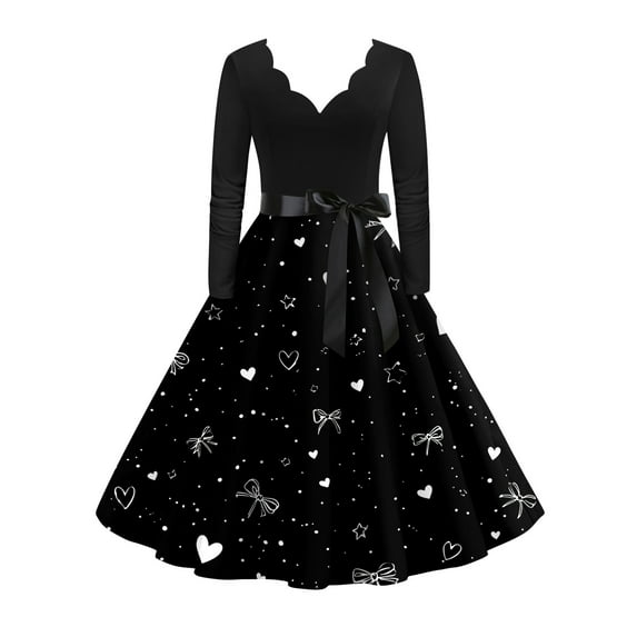 Valentines Day Dresses Fit and Flare Dress with Heart Print Pattern Ribbon Waist for Women Vintage Black 3XL