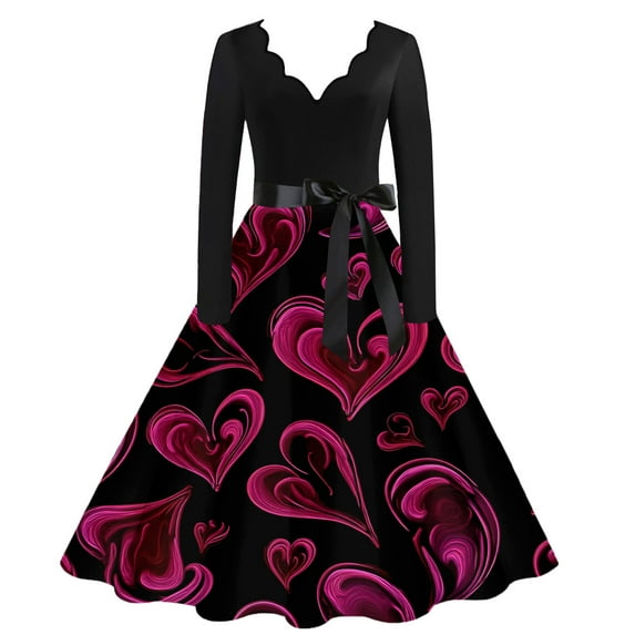 Valentines Day Dresses Fit and Flare Dress with Heart Print Pattern Ribbon Waist for Women Vintage Black L