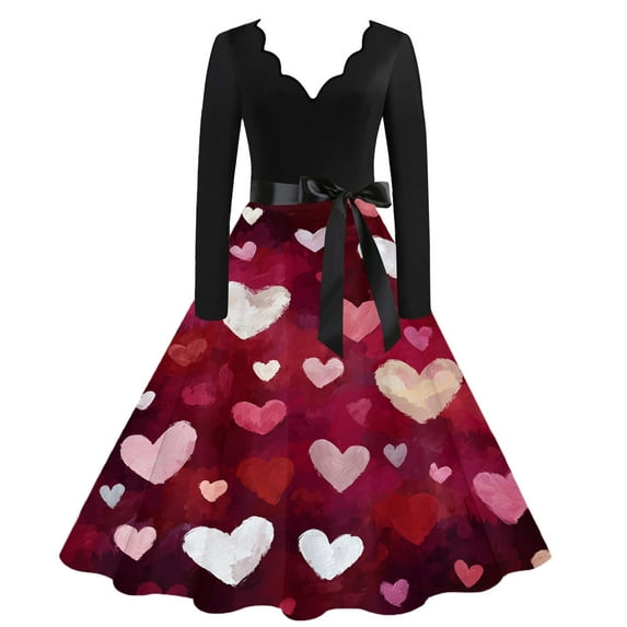 Valentines Day Dresses Fit and Flare Dress with Heart Print Pattern Ribbon Waist for Women Vintage Coffee L