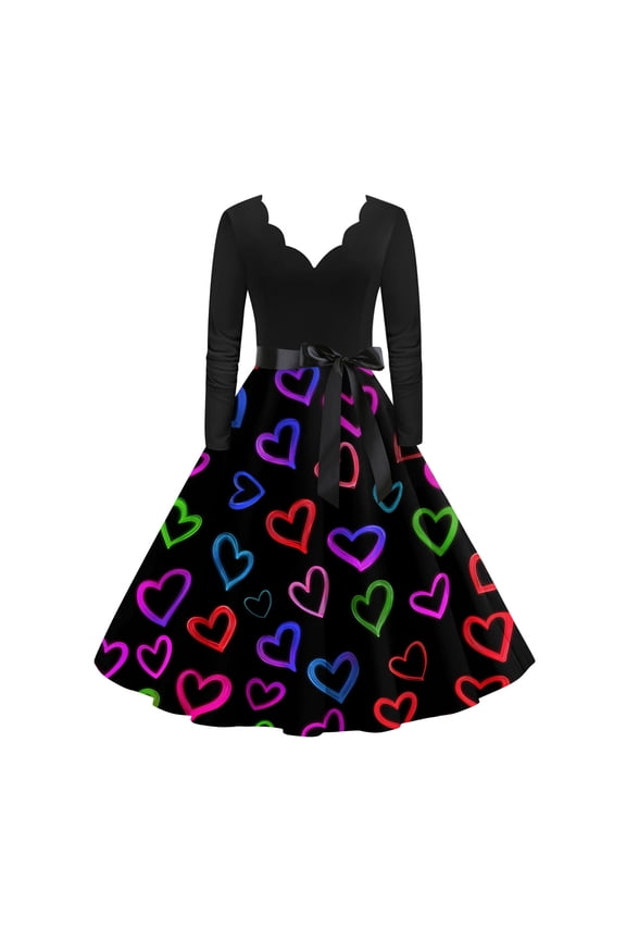 Valentines Day Dresses Fit and Flare Dress with Heart Print Pattern Ribbon Waist for Women Vintage Multicolor 3XL