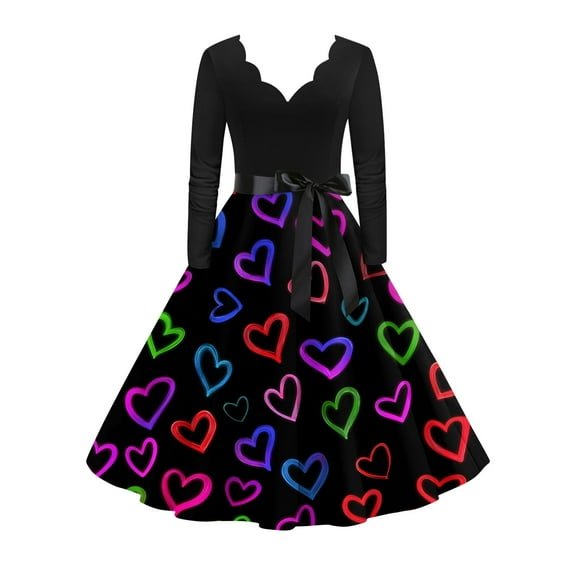 Valentines Day Dresses Fit and Flare Dress with Heart Print Pattern Ribbon Waist for Women Vintage Multicolor L