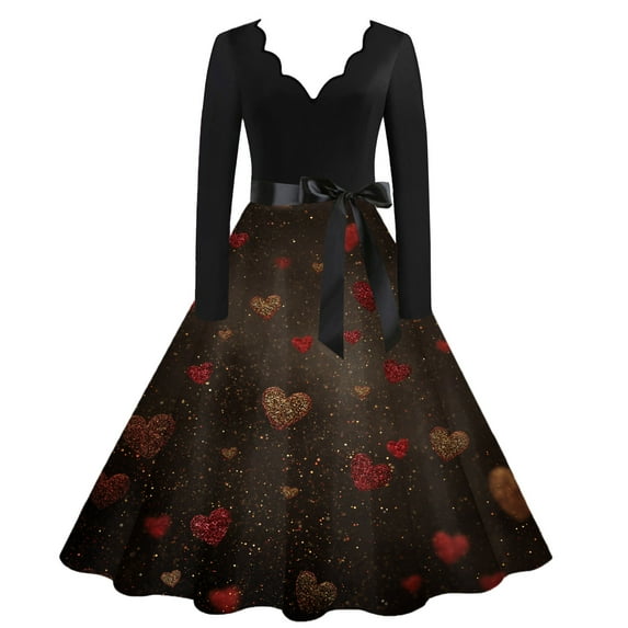 Valentines Day Dresses Fit and Flare Dress with Heart Print Pattern Ribbon Waist for Women Vintage White 4XL