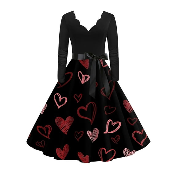 Valentines Day Dresses Fit and Flare Dress with Heart Print Pattern Waist for Women Vintage Black 3XL