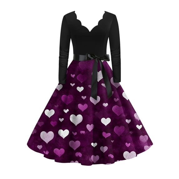 Valentines Day Dresses Scalloped Neck Fit and Flare Dress with Heart Print Waist Vintage Style Dress for Women Dark Purple 3XL