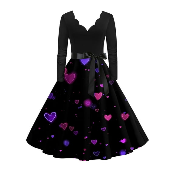 Valentines Day Dresses Scalloped Neck Fit and Flare Dress with Heart Print Waist Vintage Style Dress for Women Pink M