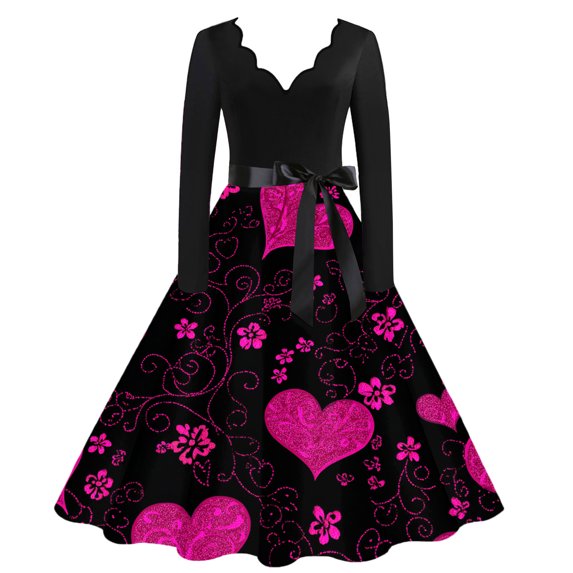 Valentines Day Dresses Scalloped Neck Fit and Flare Dress with Heart Print Waist Vintage Style Skater Midi for Women Wine L