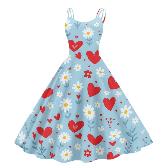 Valentines Day Dresses for Women Crew Neck Lovely Heart 1950s Dress Graphtic Pink Red Sleeveless Hepburn Spring Sundress Cocktail Swing Letter Printed Gift Love You Patterned Clothes Sky Blue L
